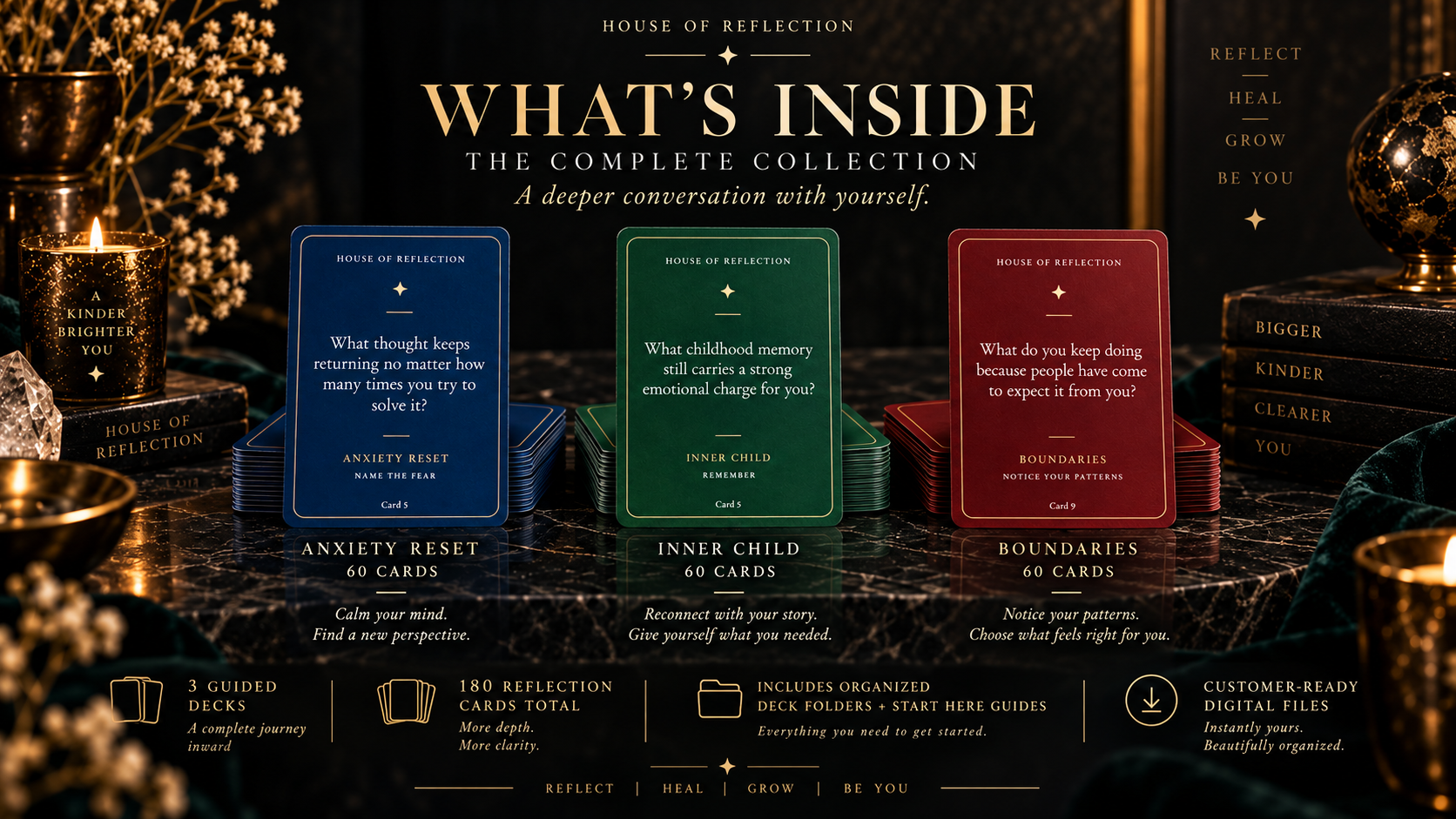 What's inside The Complete Collection — the Anxiety Reset, Inner Child, and Boundaries decks, 60 cards each, with sample cards from every deck